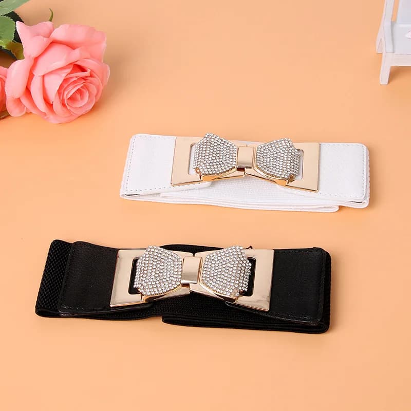 Nuova Cintura Elastica Larga da Donna con Diamanti e Nodo, Accessorio Moda Super Morbido in Metallo e Tessuto 100% Poliestere