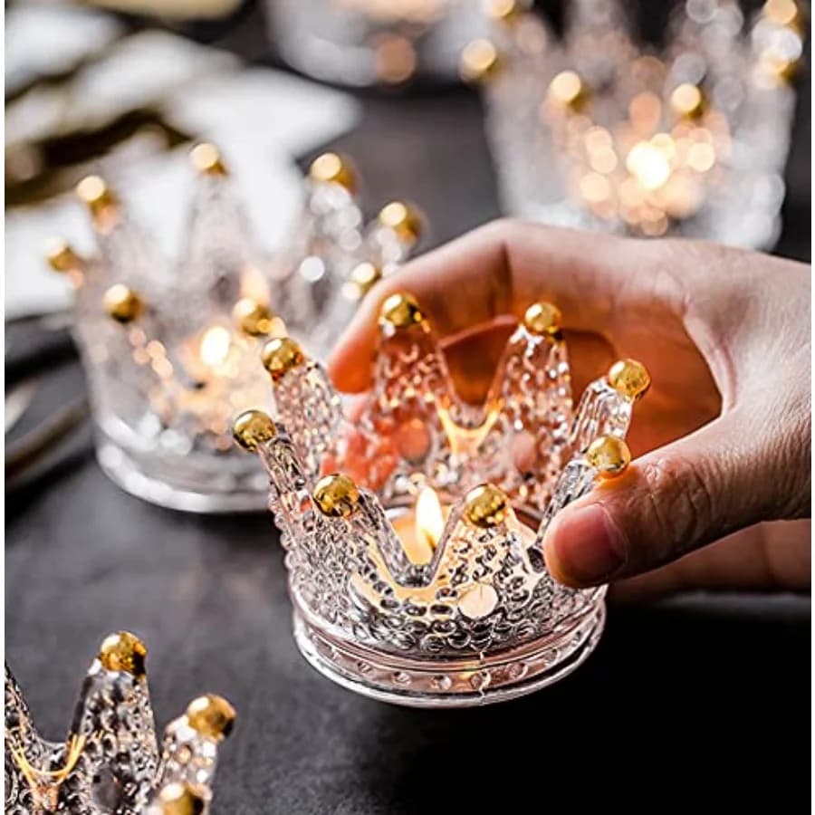 Set di 12 Portacandele in Vetro a Forma di Corona per Candele Tealight, per Matrimoni, Feste e Decorazioni per la Casa
