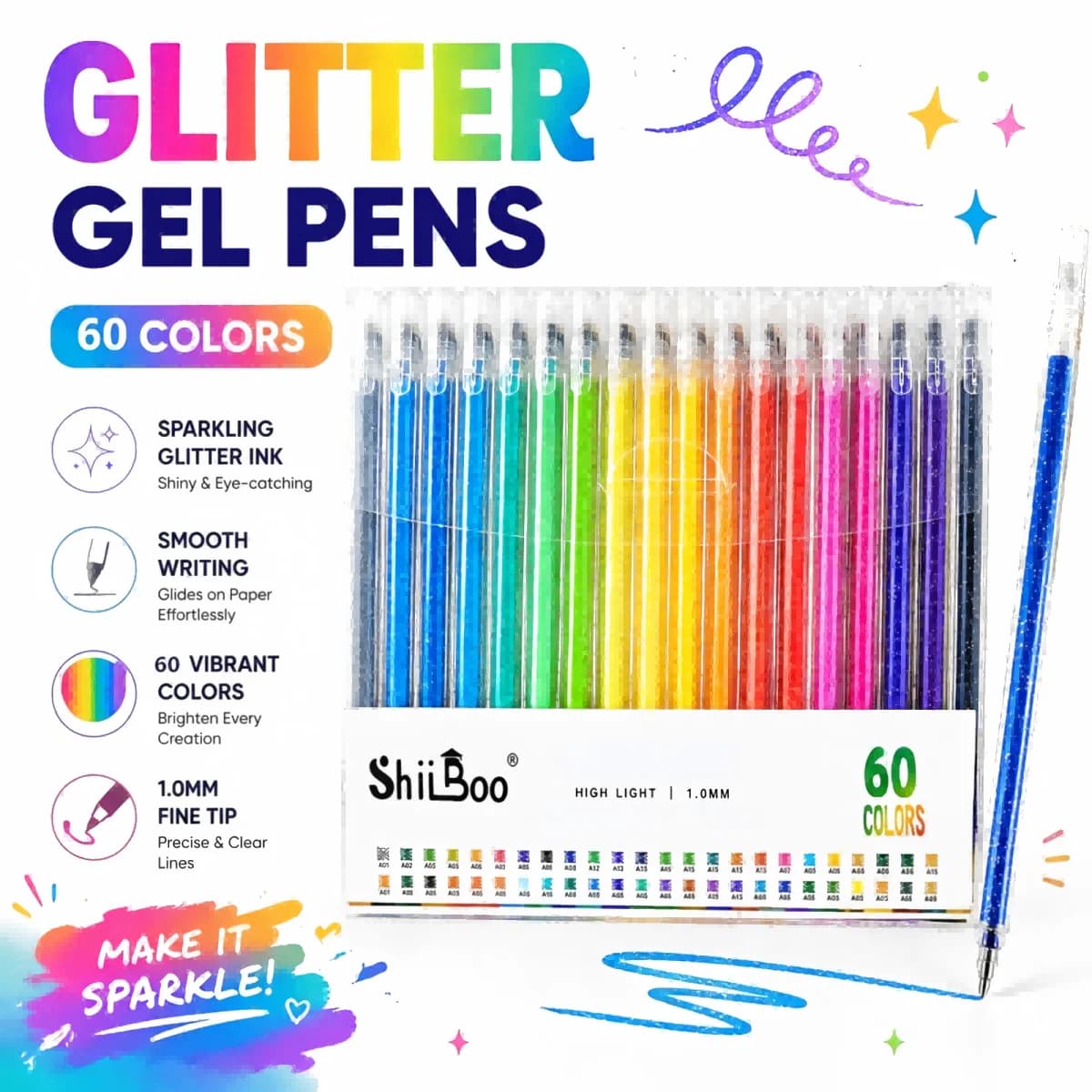 60 colori Glitter Penna Gel 1.0mm Metallo Glitter Colore Penna a sfera Carta Cartoncino Diario Disegno Marcatura Colorazione Arte fai da te