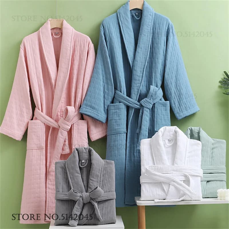 Autumn Winter Addens Dress Kimono Bathrobe Six Layered Cotton gauze Dress Night Dress Trained Casual Nightwear