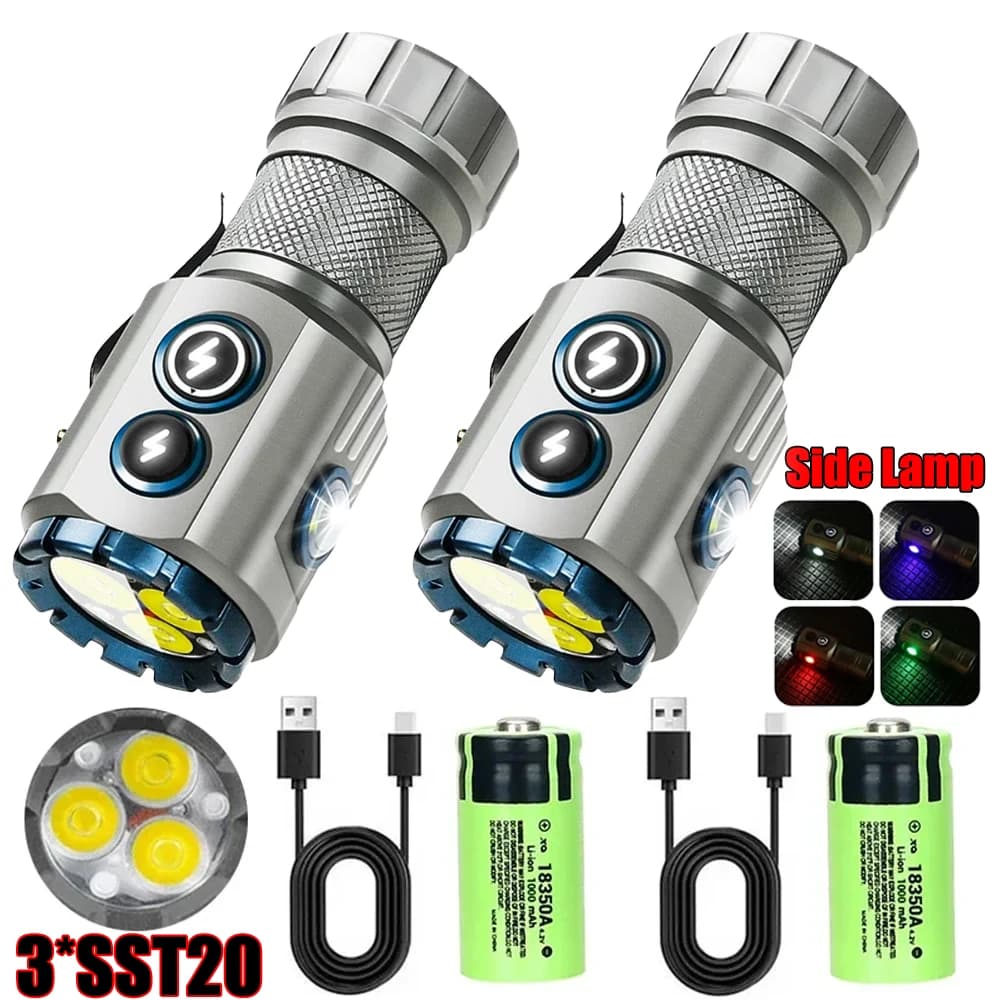 Potente torcia elettrica EDC da 2000LM tipo-c ricaricabile portatile torcia a LED lampada laterale RGB con magnete di coda per lanterna da campeggio