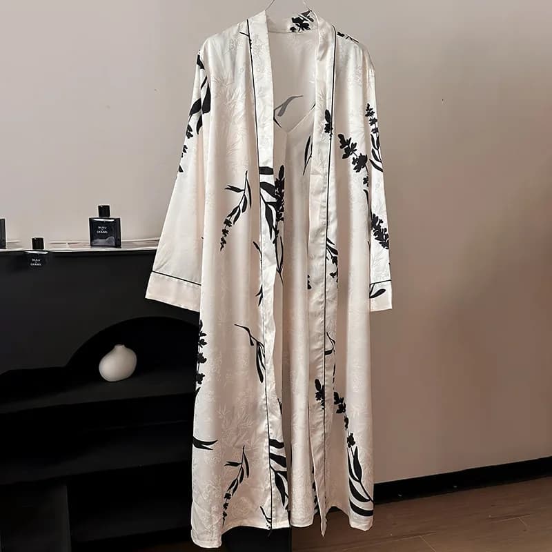Camicia da notte lunga con stampa floreale sexy Camicia da notte 2 pezzi Set Autunno Donna Indumenti da notte Accappatoio Allentato Casual Rayon Abito da casa Pigiama