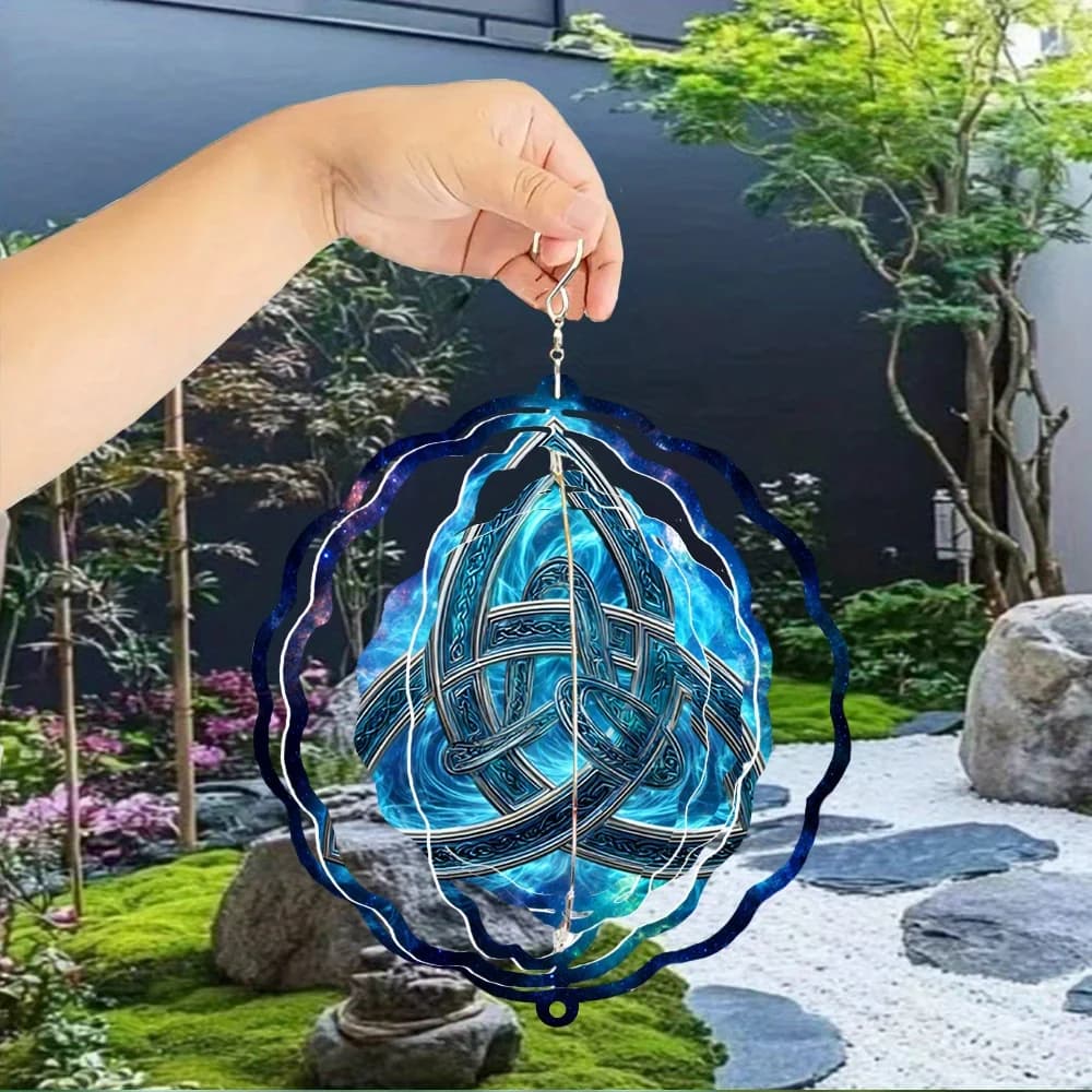 A Stunning Celtic Knot Printed Metal 3D Rotating Wind Chime Featuring a 360° Infinite Rotation Hook for Outdoor Garden Decor