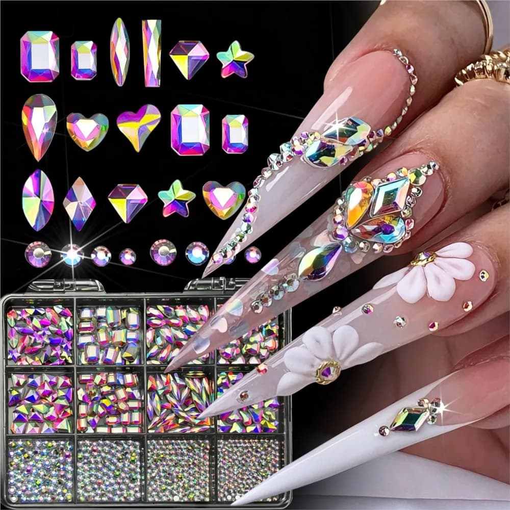 Set di 12 Griglie di Strass AB per Unghie, Cristalli di Vetro, Gemme Multiformi, Gioielli di Varie Dimensioni, Decorazioni per Nail Art Fai-da-Te