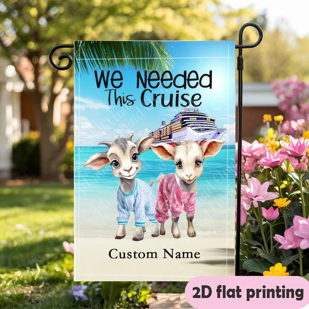 Garden Flag Custom Name Cruise Flag With Two Goats In Pajamas On The Beach Durable Outdoor Flag garden decoration
