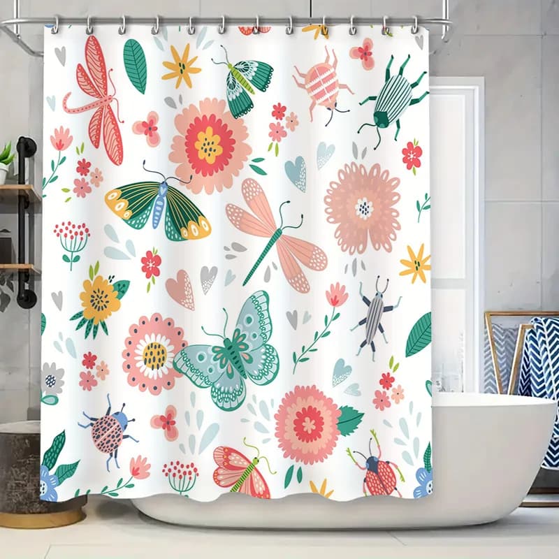 Tenda da doccia colorata da giardino, decorazione per il bagno, con farfalle, insetti, ganci in tessuto impermeabile inclusi (bianco)