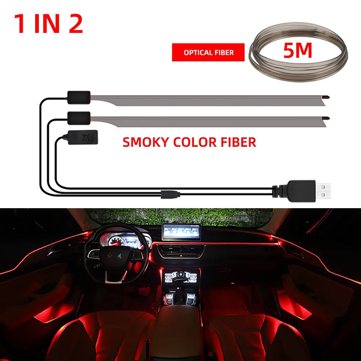 Lampada LED per Interni Auto 3/5M, Striscia Luminosa USB Flessibile RGB con Cablaggio Colorato, Luce Ambientale a Linea Fredda