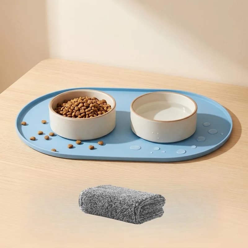 2PCS Silicone Pet Feeding Mat with Towel, Waterproof Non-Slip Raised Lip Dog Cat Bowl Placemat Spill Proof Food Tray