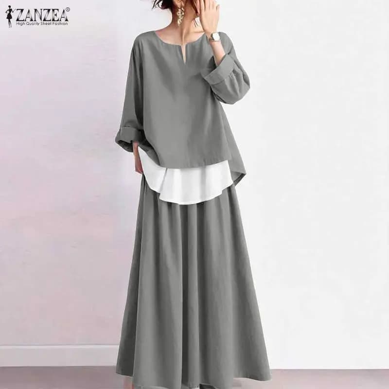 ZANZEA Set di abiti moda donna 2026 Autunno manica lunga Patchwork di colore Top e maxi gonne Elegante 2 pezzi Abiti casual da strada