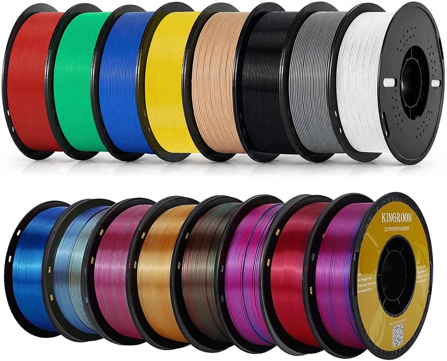 16KG Tri-Color Silk PLA and Basic PLA Filament 1.75mm Bundle, 16 Pack, Dimensional Accuracy +/- 0.02mm, Shiny 3D Printer Multico