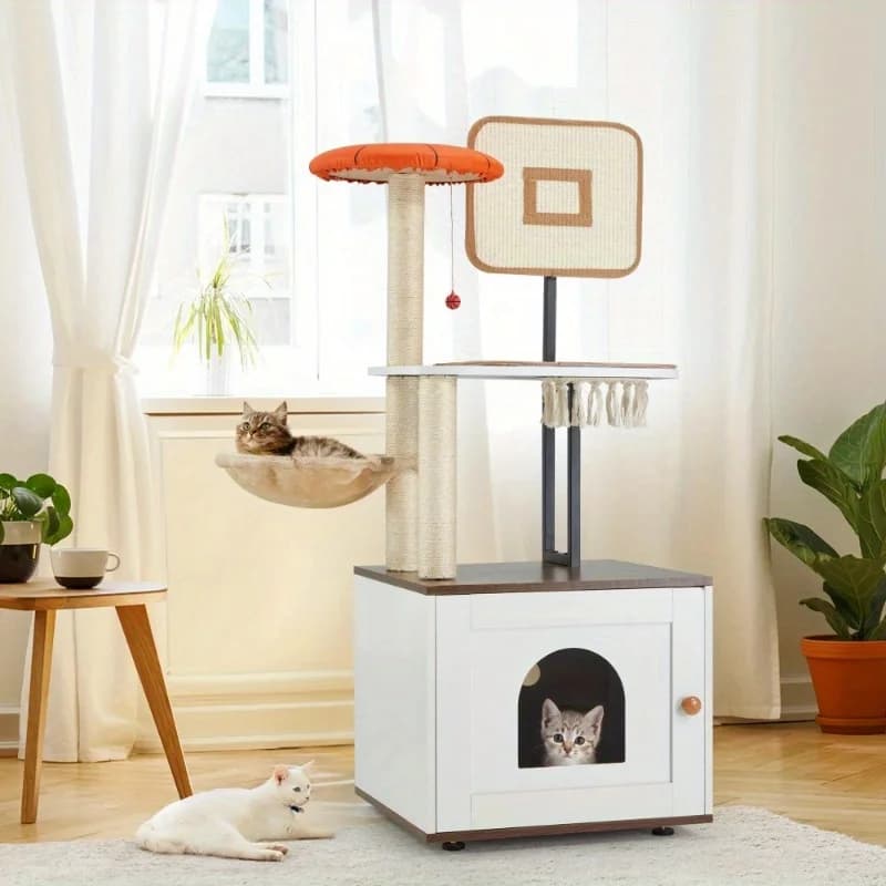 Albero per gatti da 50 pollici con lettiera integrata, torre per gatti 2-in-1, cuccia per gatti con posti per grattare per gatti da interno, bianco