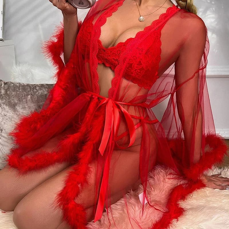 Women's sexy pajamas nightgown in lace knit robe with feathers perspective fluff nightwear splicing bathrobe summer shower robe