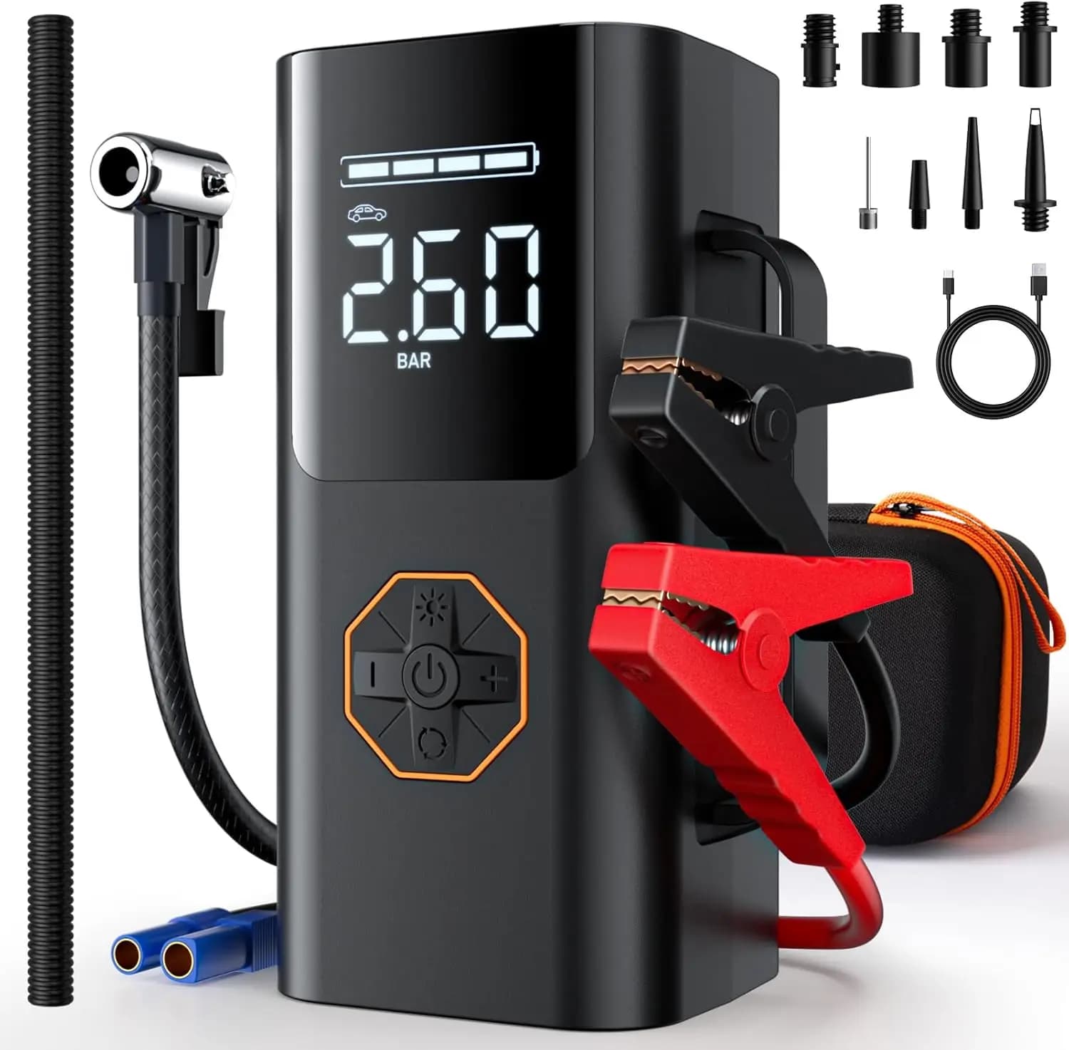 Avviatore portatile da 5500 A con compressore d'aria e torcia - Booster batteria per auto da 12 V, display LCD 8 in 1,