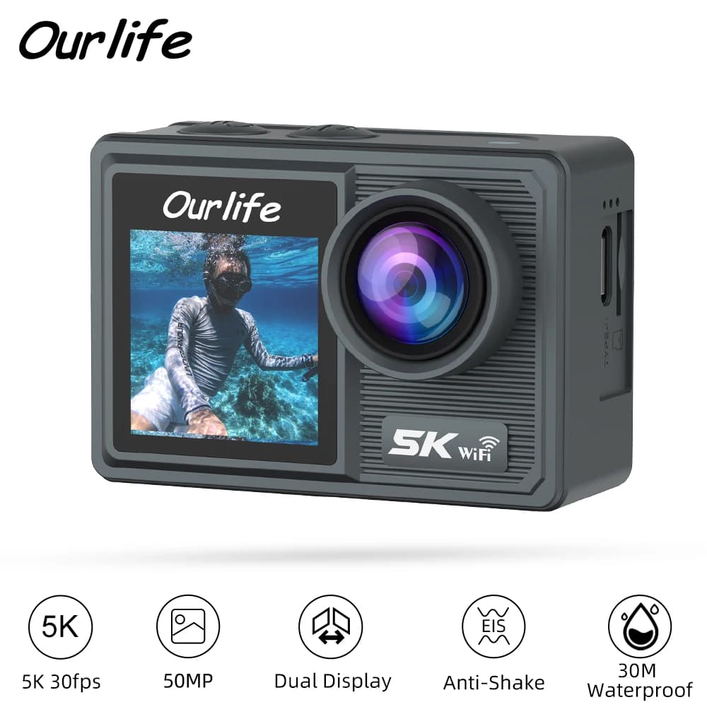 Ourlife Action Camera 5K 4K Bicycle Camera 50MP 2.0 Touch LCD Screen EIS WiFi 170 ° Sports cameras with 5X waterproof zoom 30M