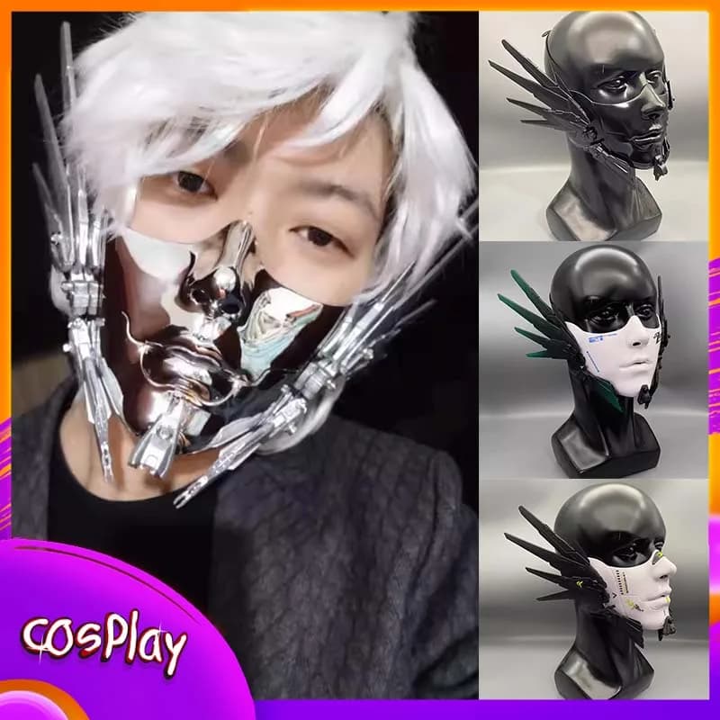 Maschera Cyberpunk Mezza Faccia con Ali, Costume da Soldato Meccanico, Maschera per Halloween, Carnevale, Comic-Con, Accessorio per Cosplay, Regalo