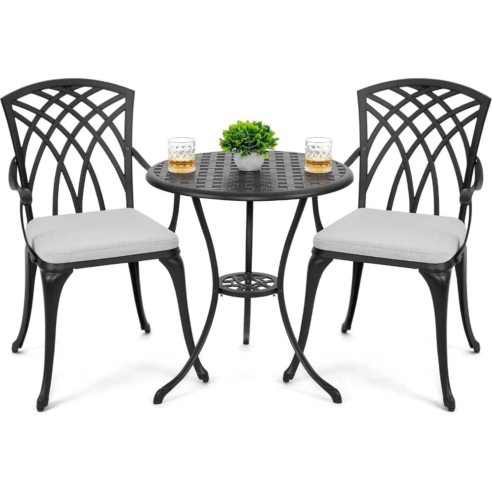 3-Piece Outdoor Bistro Set: Patio Table and Chairs with Umbrella Hole and Gray Cushions, Black