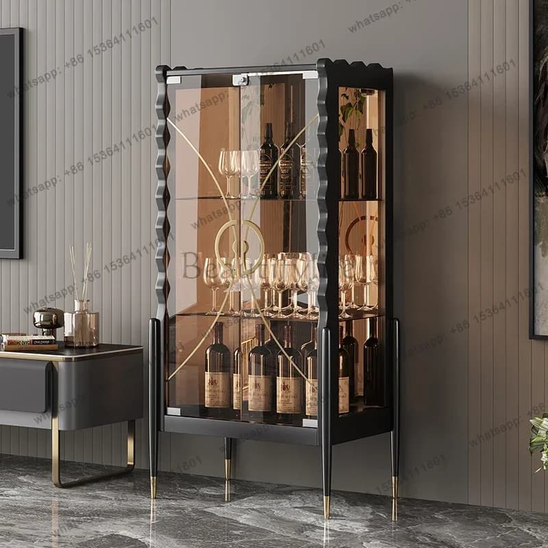 Mobile Bar con Ripiani, Armadietto Portabottiglie in Vetro e Metallo per Soggiorno, Vetrina di Lusso Trasparente, Arredamento di Tendenza