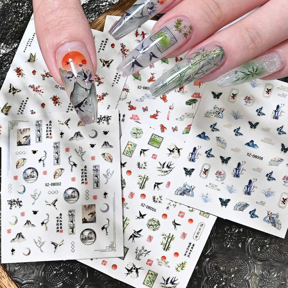 12pcs Retro Peony Bamboo Chinese Nail Sticker 3D Red Carp Lotus Butterfly Self-adhesive Nail Art Decals DIY Manicure Decoration#
