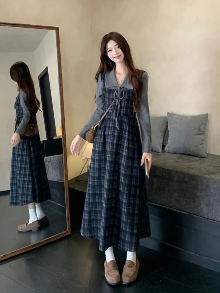 Retro Plaid Fake Two-Piece Dress Women's plus Size Slimming Long Sleeve Midi Dress Spring Autumn High Waist A-Line Skirt