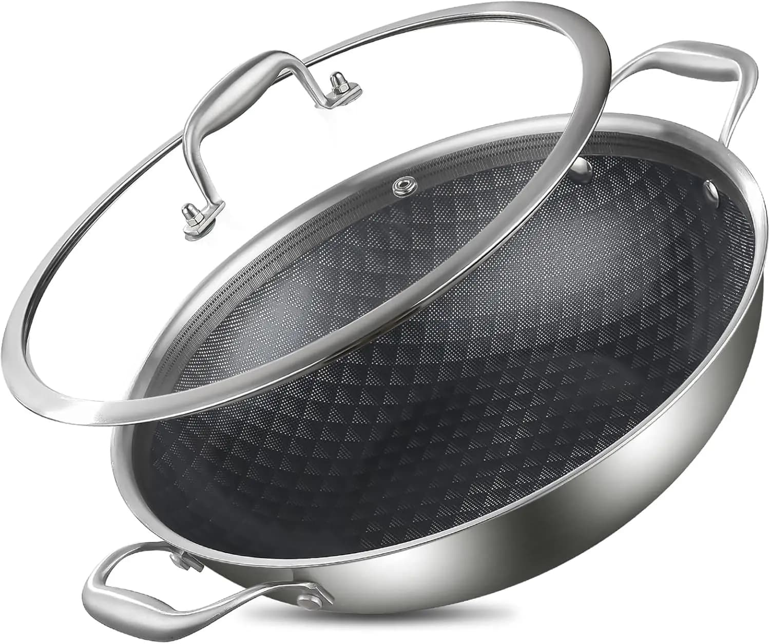 Wok in Acciaio Inox Tri-Ply 13 Pollici, Padella Profonda Antiaderente con Coperchio, 5.5QT Compatibile con Induzione, Padella per Saltare in Padella, Doppio Manico