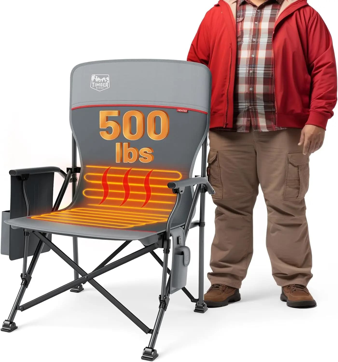 Sedia da campeggio riscaldata oversize per sport all'aria aperta, sedia da giardino imbottita con schienale alto supporta 500 libbre con portabicchieri e tasca laterale