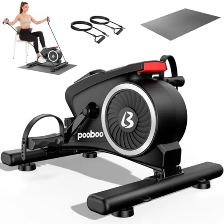 Silent desk bike with magnetic pedals, mini cyclette with 16 resistance levels, resistance band for training arms and legs