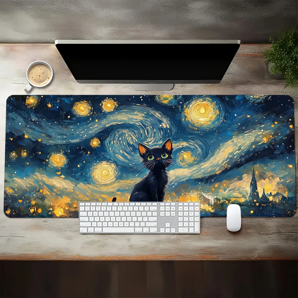 Tappetino per mouse e tastiera da gaming con motivo Gatto della Notte Stellata di Van Gogh, tappetino da scrivania antiscivolo per casa e ufficio 900x400mm