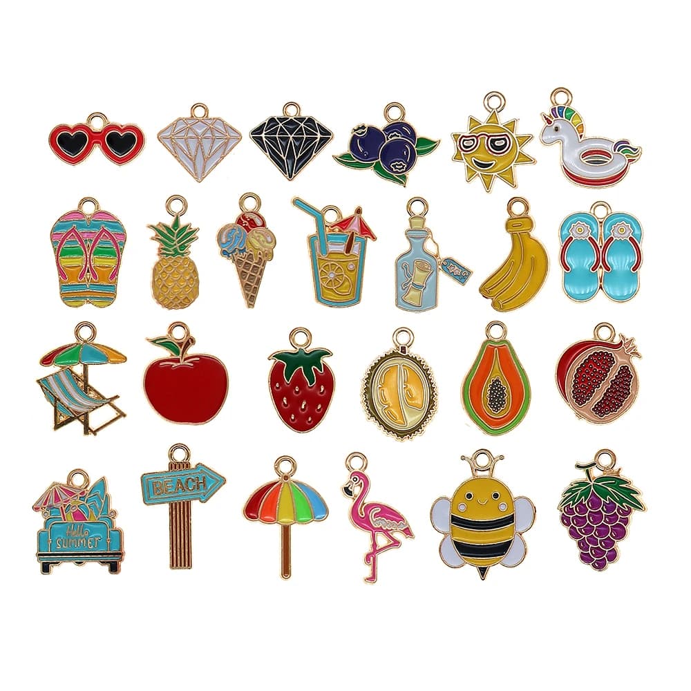 10pcs/lot Ocean Beach Vacation Slippers Lounge Chairs Swimming Ring Fruit Enamel Alloy Pendant Charms Jewelry Accessories XL1750