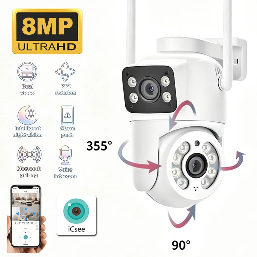 8MP Dual-Lens Dual-Screen Security Camera Outdoor Waterproof PTZ WiFi IP Cam with Auto Tracking Two-Way Audio CCTV Surveillance