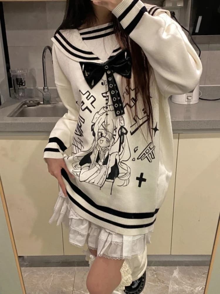 Stile Preppy Cartoon Jacquard Maglione lavorato a maglia Donna Causale Allentato Y2K Estetico Pullover Stile Preppy Colletto alla marinara Maglioni Top