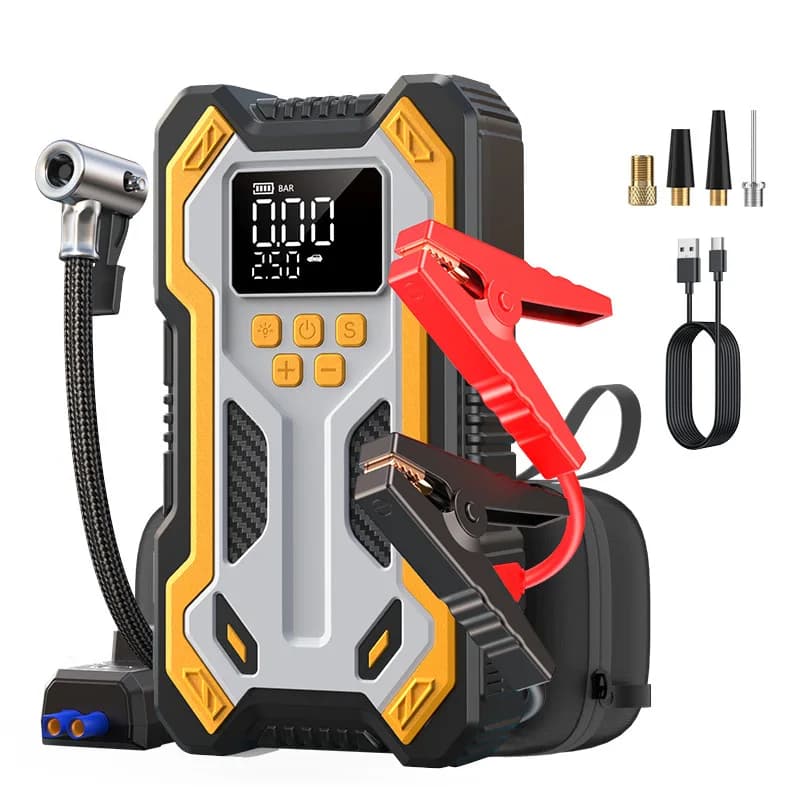 Avviatore d'Emergenza per Auto 10000mAh 12V Multifunzione, Compressore d'Aria e Power Bank Wireless con Morsetti Intelligenti per Auto a Benzina e Diesel