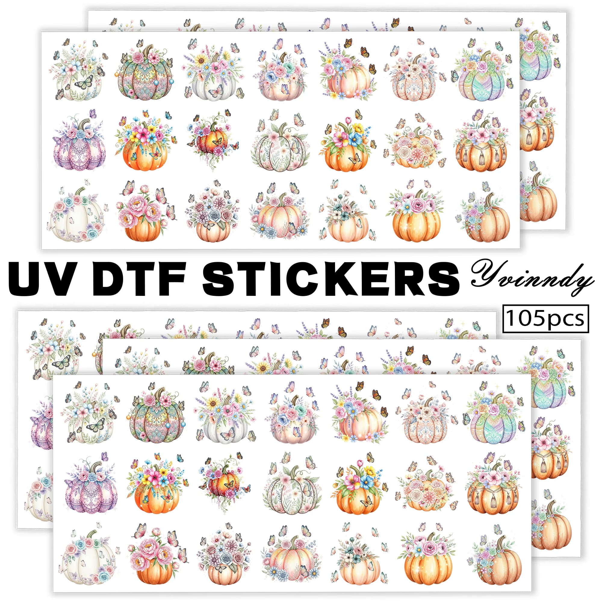 105Pcs/Set Watercolor Flower Pumpkin Keychain Transfer Paper UV DTF Transfer Paper Durable High-viscosity Transfer Paper