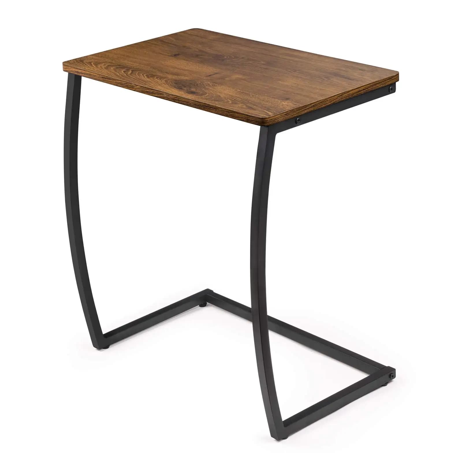 C-Shaped Metal Frame Side Table With Dark Walnut Wood Top For Sofa, Laptop, Or Coffee Use