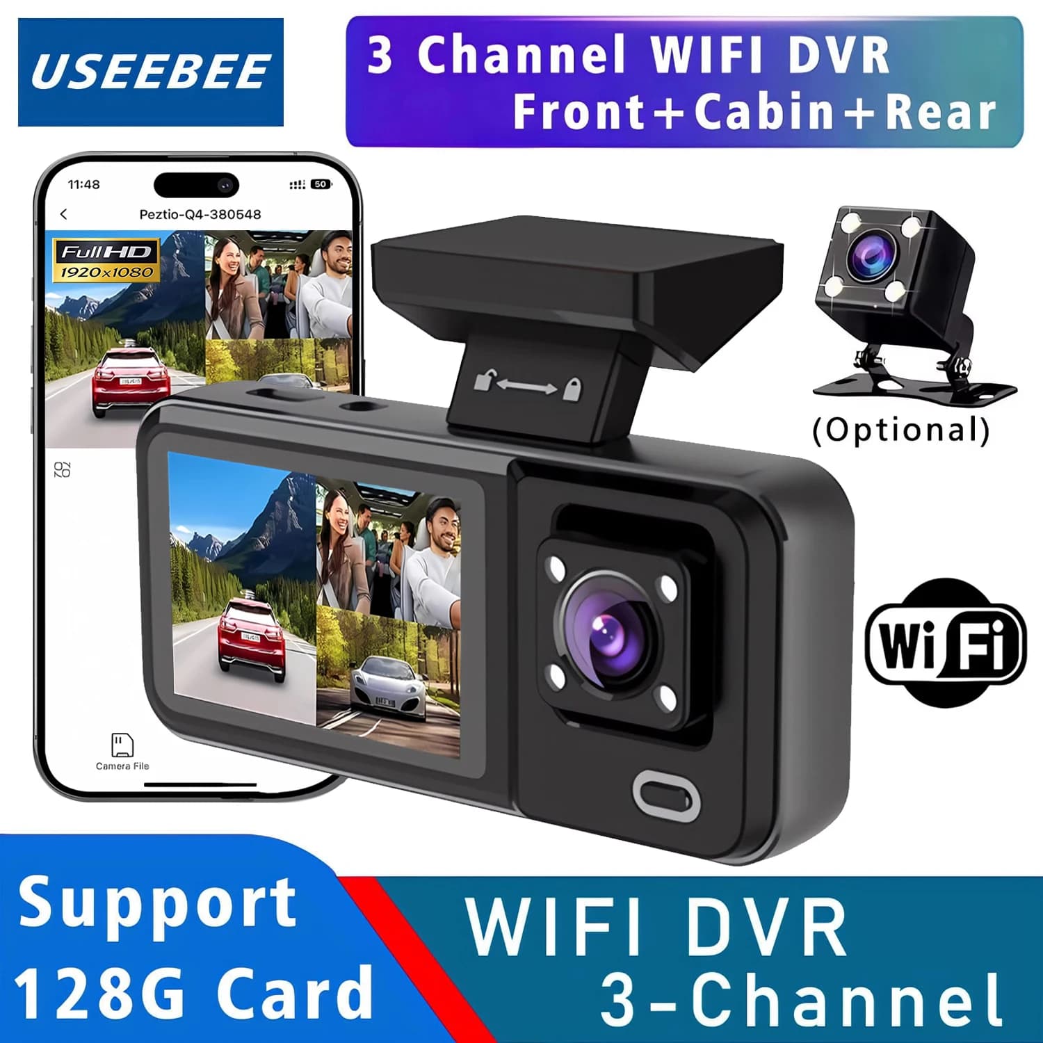 Dash Cam WiFi a 3 Telecamere per Auto, DVR 1080P per Interni, Registratore Video a Tre Canali, Videocamera per Veicoli