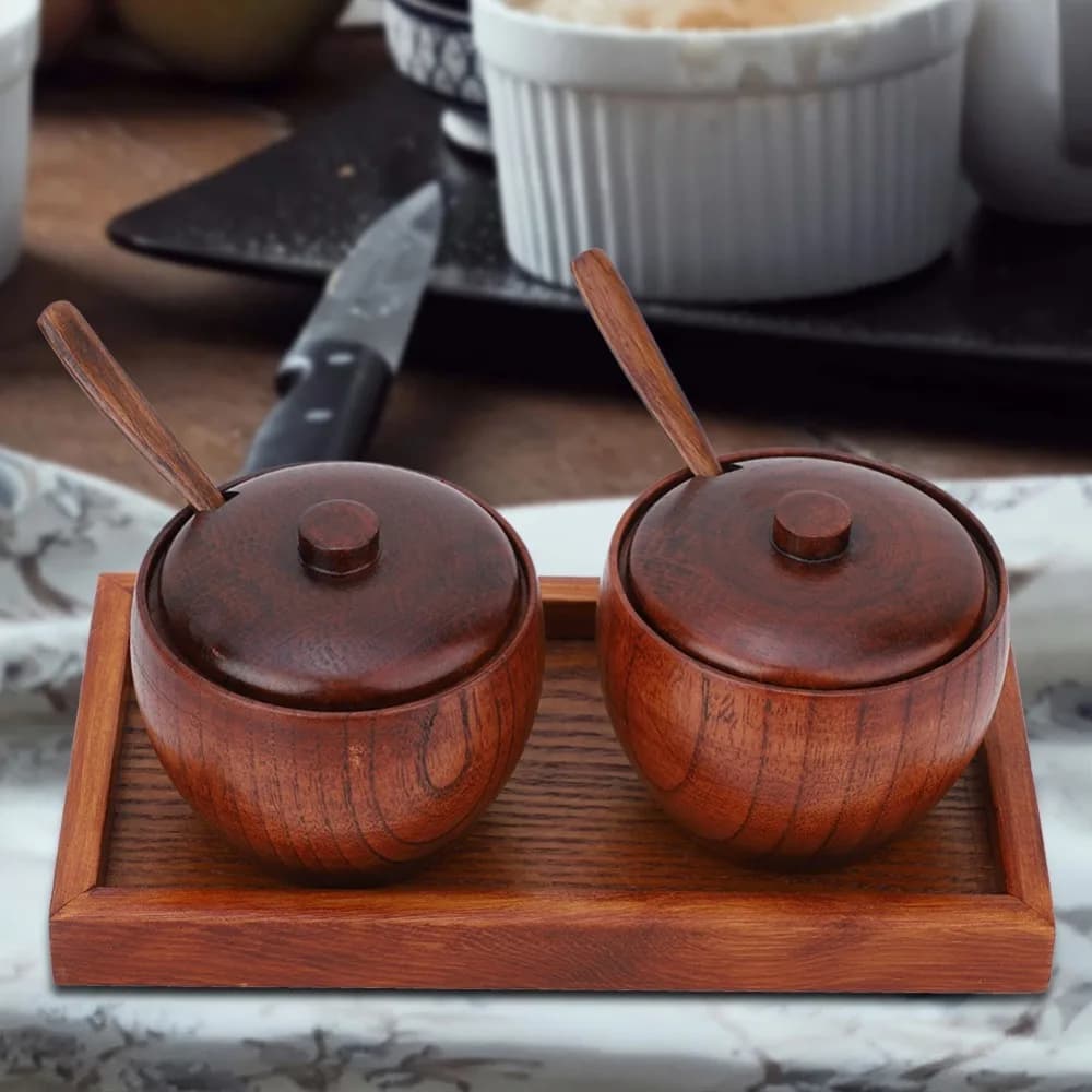 1 Set Wood Storage Jar Matching Mini Spice Spoon Support Tray Included Seasoning Container Sealed Dustproof Lid
