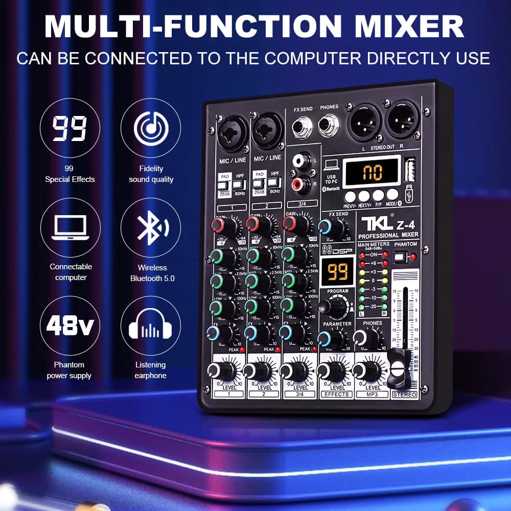TKL 4 canali 99 DSP Mixer audio 48V Phantom Power USB Mixer audio da studio Bluetooth Console DJ Mixing per Karaok