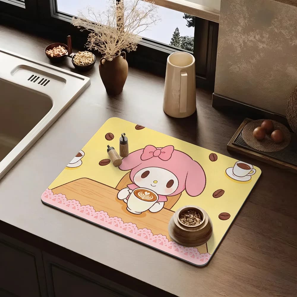 Tappetino Assorbente Antiscivolo per Asciugatura Piatti e Tazze, con Bordo in Pizzo Giallo e Rosa, Motivo My Melody, Lavabile, per Cucina e Scrivania