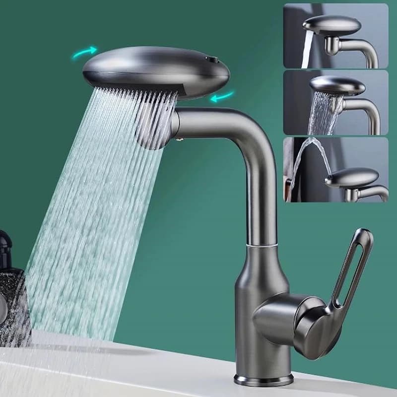 Rubinetto per lavabo a cascata multifunzionale 4 modalità Spruzzatore a flusso 360 ° Miscelatore per lavabo con acqua calda e fredda a rotazione per bagno