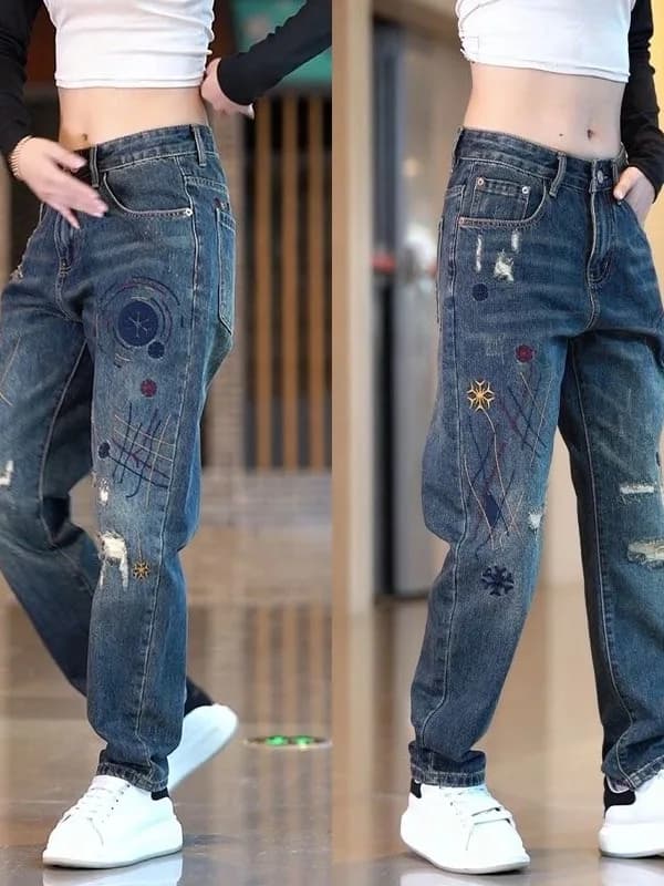 Men's Slim Fit Jeans Embroidered High End Resistant to Dirt Wear Resistant Long Pants Autumn Winter Fashion Casual Straight Leg
