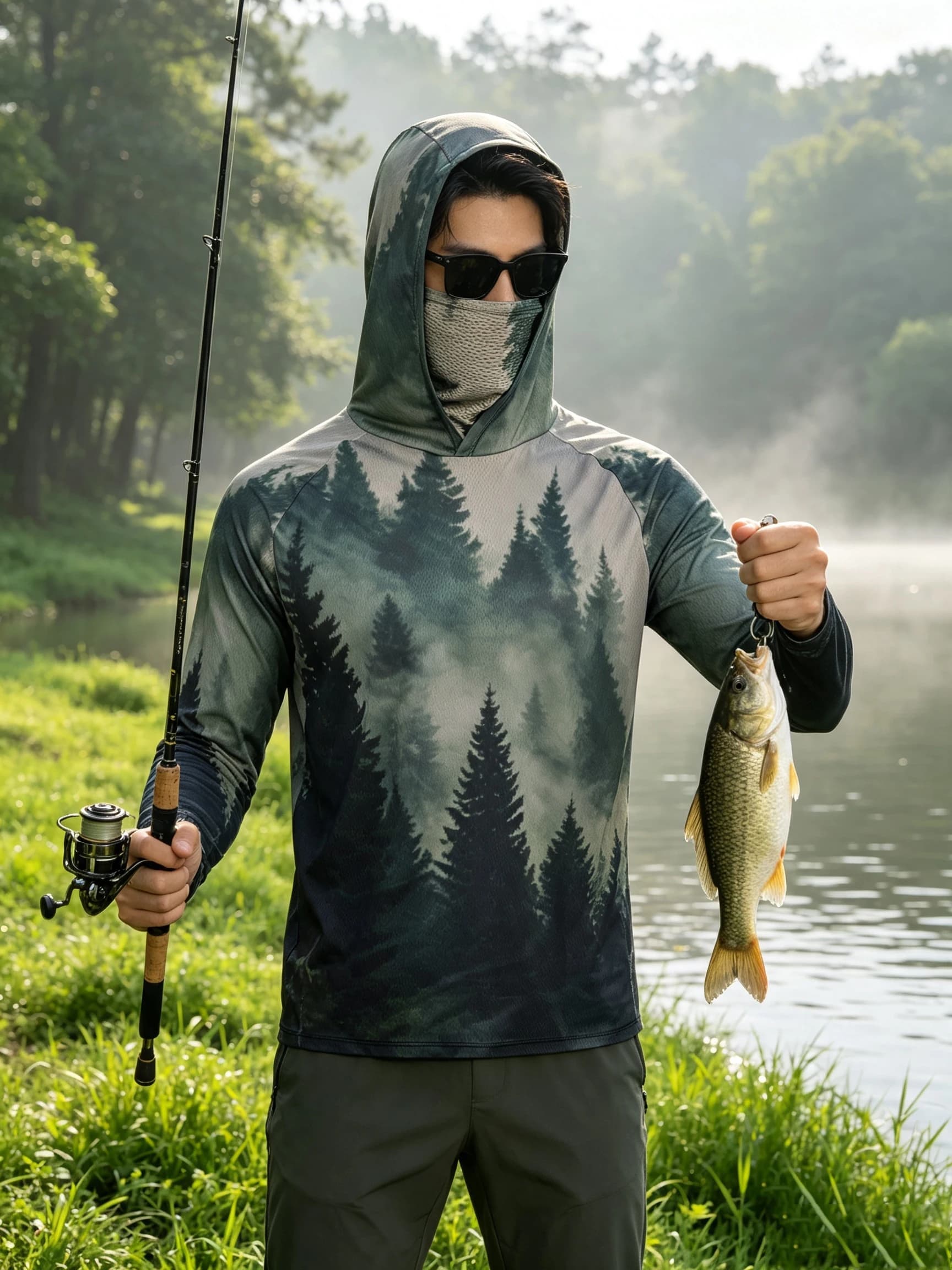 Fishing Hoodie Shirts with Mask UV Protection Fishing Clothing Men's Long Sleeve Hiking Sportswear T-shirts