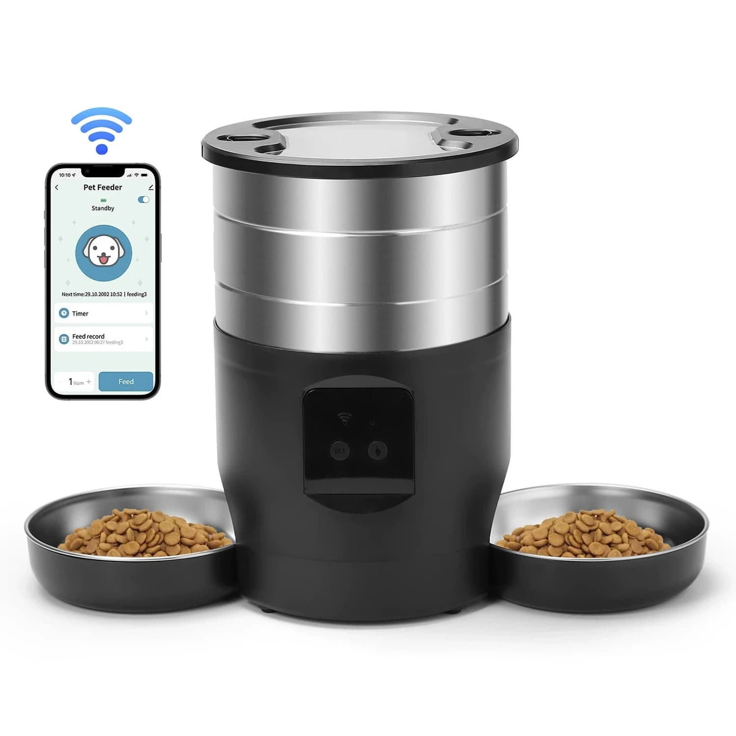 Distributore di cibo intelligente per mangiatoia per animali domestici versione Ifi da 4,5 litri con doppi ciotole, utilizzato per accessori per alimenti secchi per gatti e cani