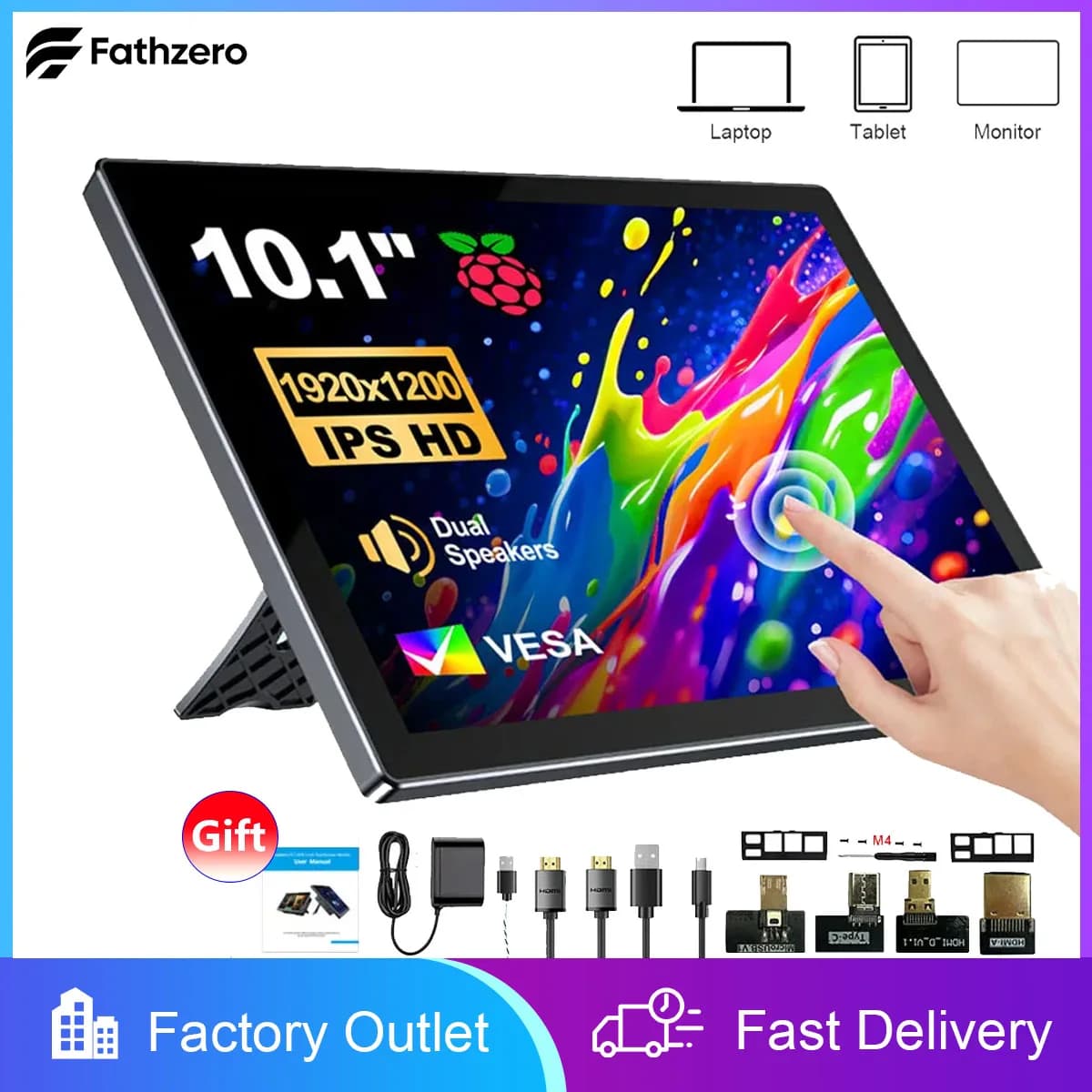 Fathzero 10.1inch Raspberry Pi Touch Screen Monitor 1920x1200 IPS Display HDMI Type-C USB-C for PI compatible Banana Win Pi 5 4