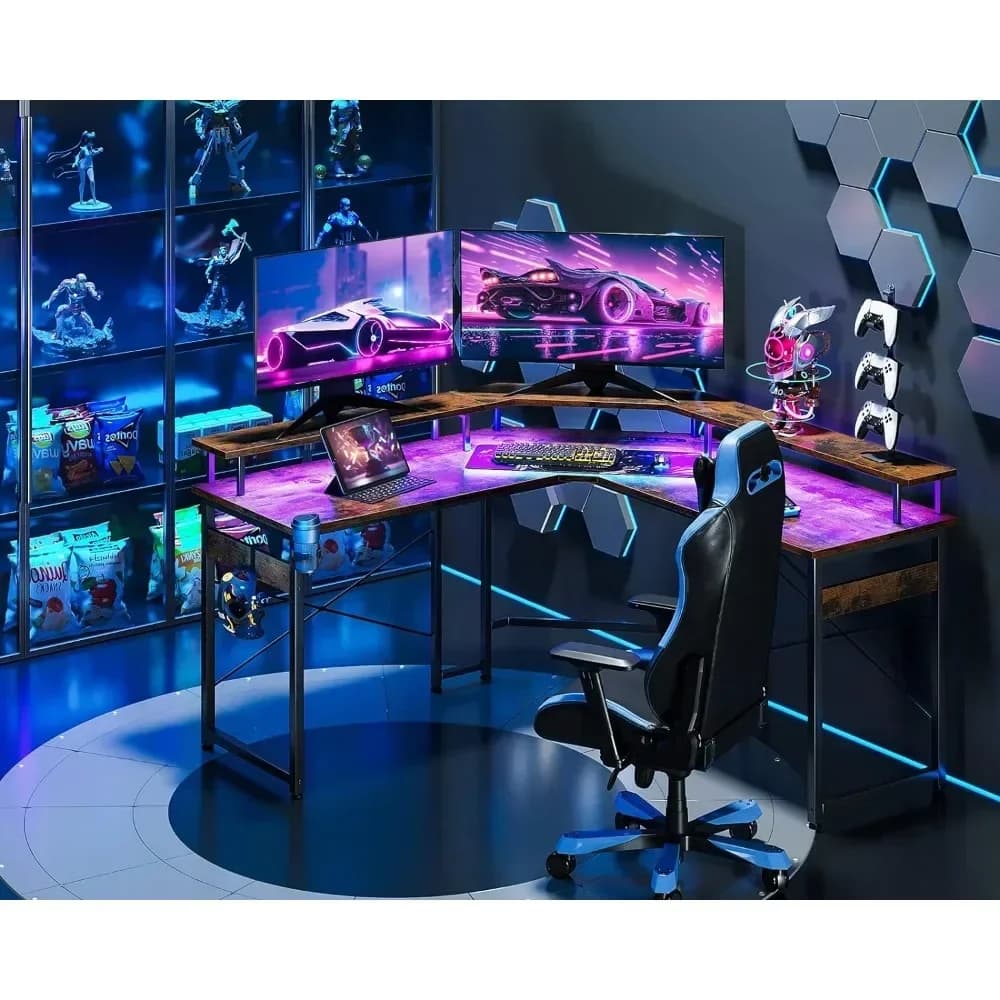 # L Shaped Gaming Desk With LED Lights And Power Outlets 51" Computer Desk With Full Monitor Stand Corner Desk With Cup Holder