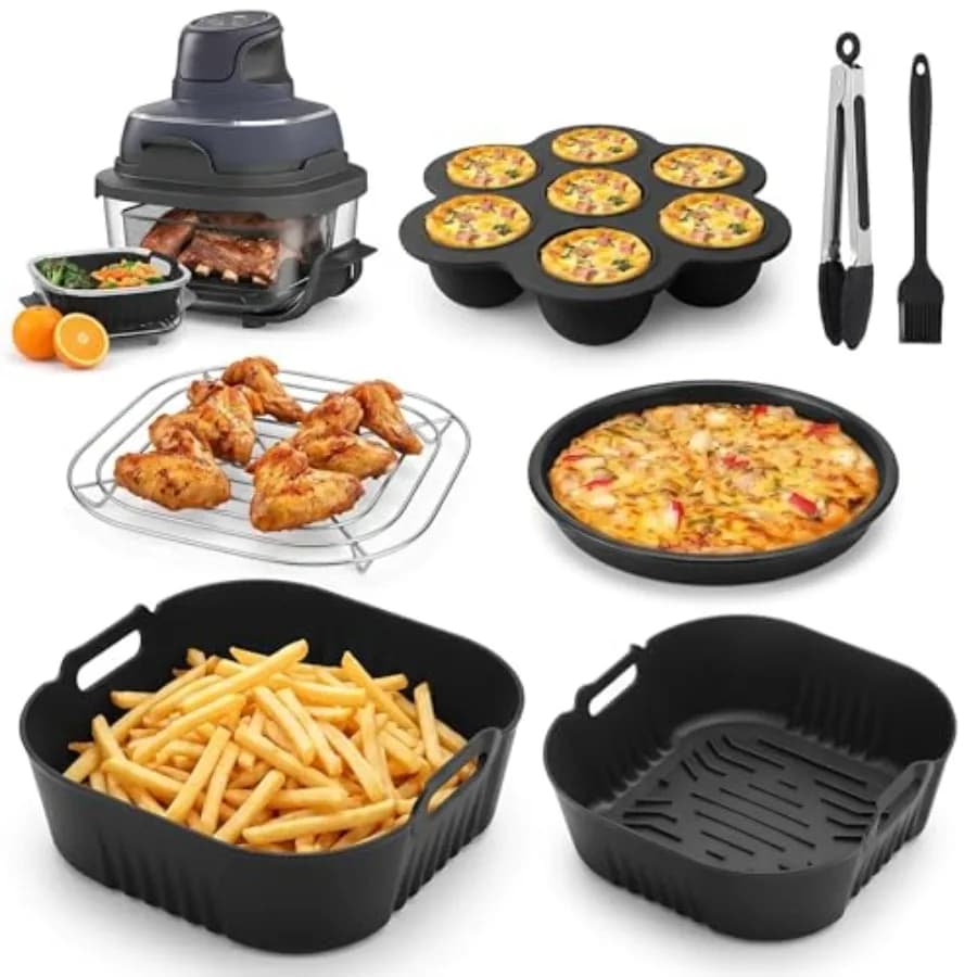 Air Fryer Accessories for Ninja Crispi 4QT6-Cup Glass Containers, Set of 7: Silicone Liners, Cake Pizza Pan, Crisper Rack, Egg