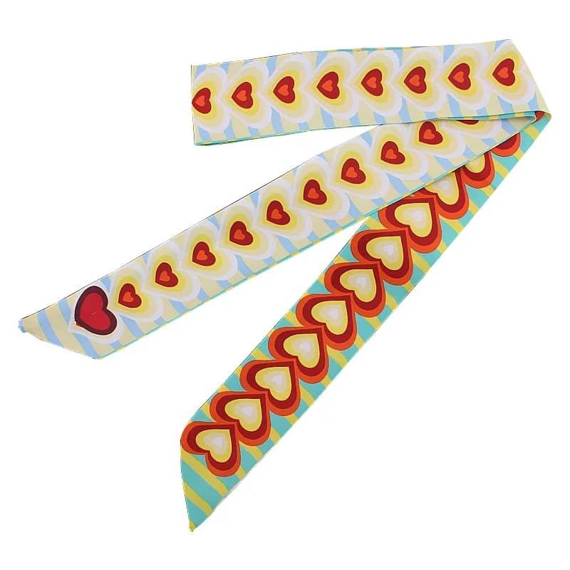 Sciarpa in Seta Extra Lunga 120cm da Donna, Multistrato con Stampa Cuori, Nastro per Manico Borsa, Foulard, Sciarpa a Nastro