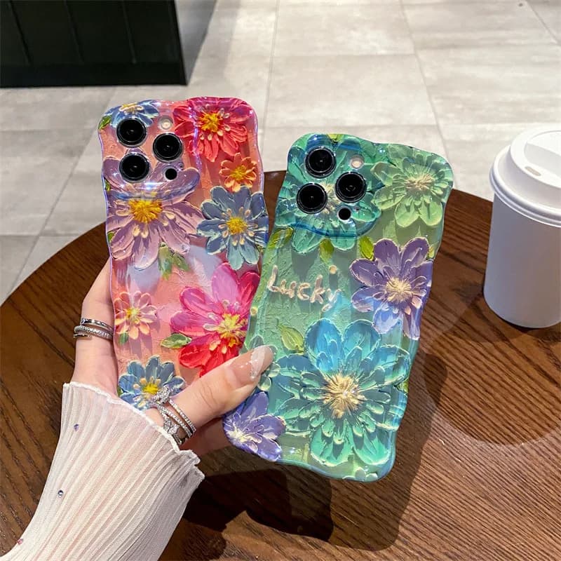 Corrugated Silicone Phone Case with Oil Paintings Light Blue Retro for iPhone 12 13 14 15 16 Pro Max Plus Shock Cover