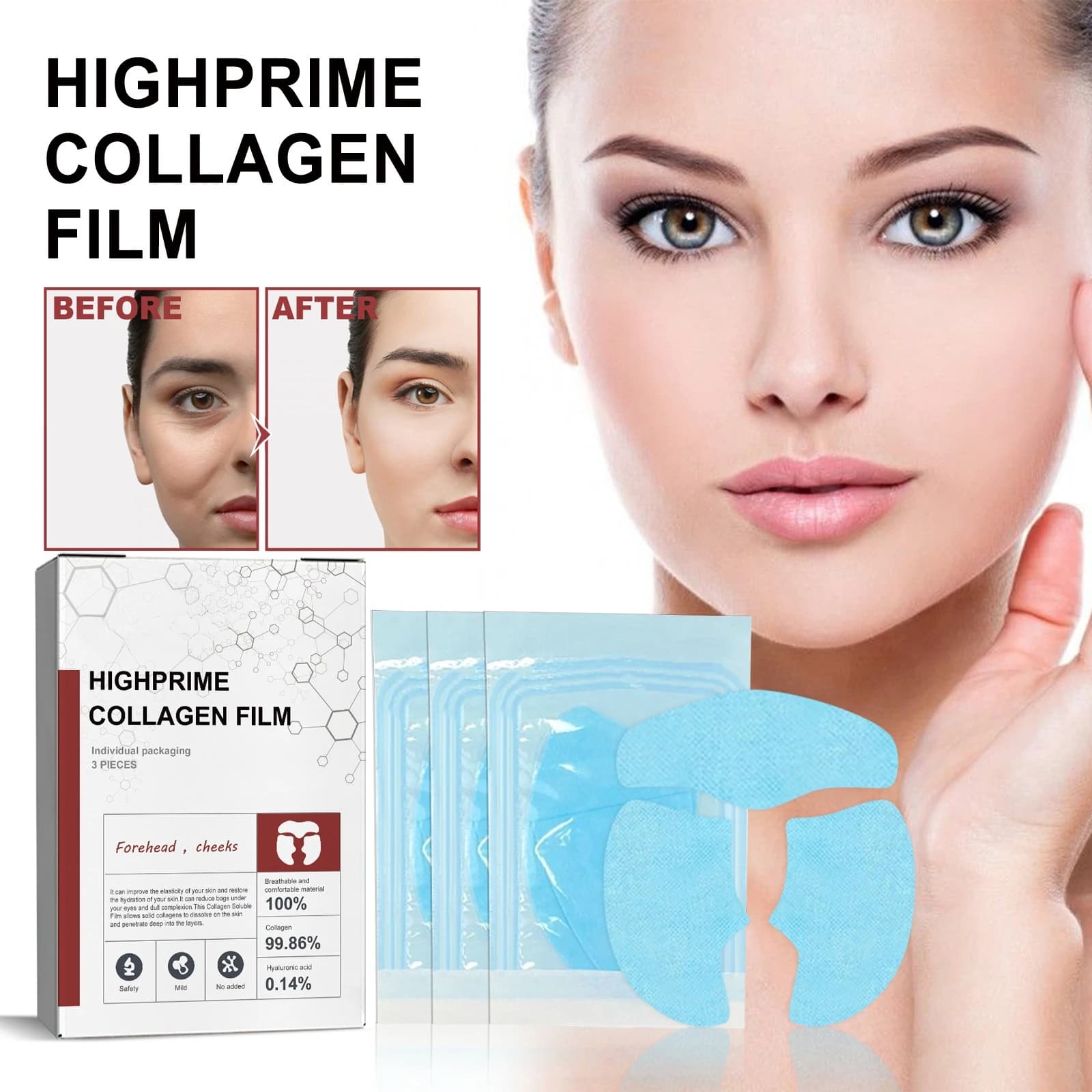 Collagen film reduces wrinkles, eye bags, eye loops, firm skin, thick and moisturizes eyes and softens skin