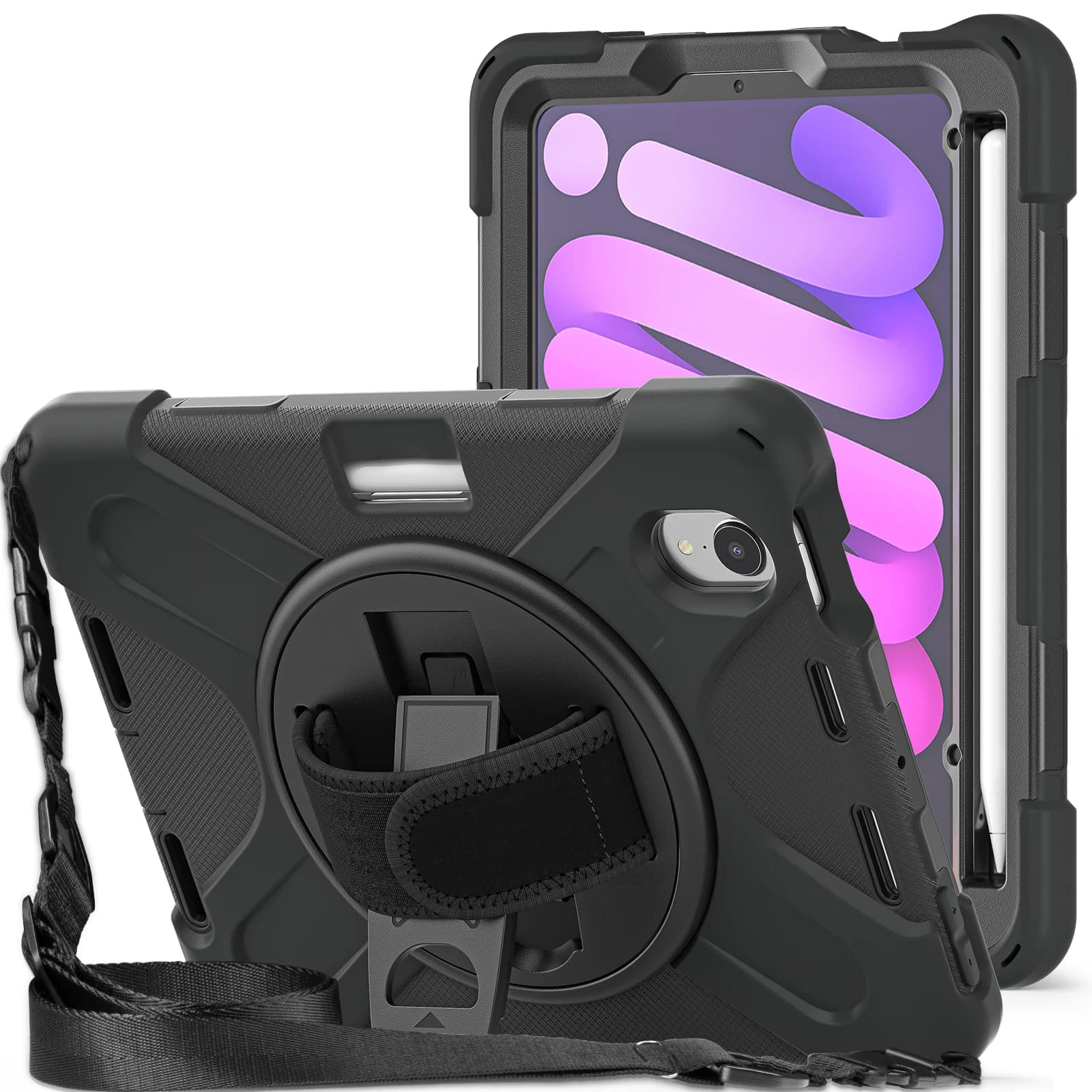 Custodia protettiva antiurto blindata per iPad Mini 7 A17 Pro Mini 6 con tracolla portapenne e fascia per il palmo