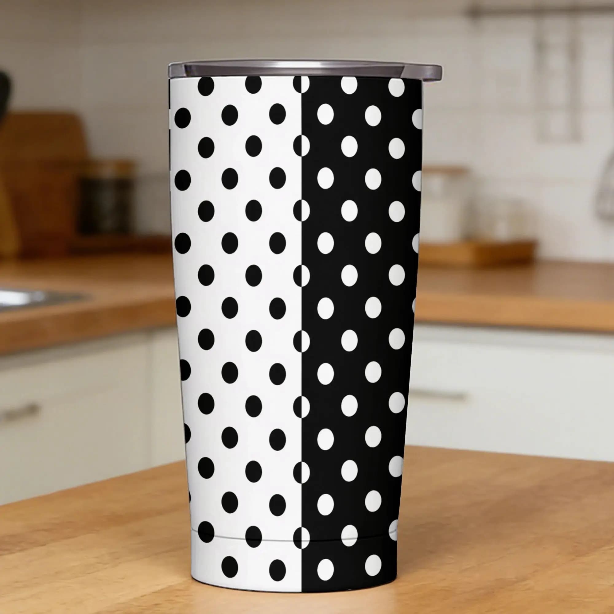 Borraccia Termica Portatile in Acciaio Inossidabile con Motivo a Pois Bianco e Nero, Tazza da Auto per Bevande Fredde e Calde