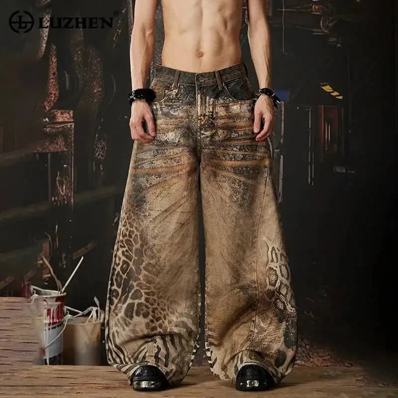 LUZHEN 2026 Nuovi Jeans Casual Originali Stile Y2K con Gamba Larga e Motivo Tie-Dye, Pantaloni Denim alla Moda da Uomo JY6667